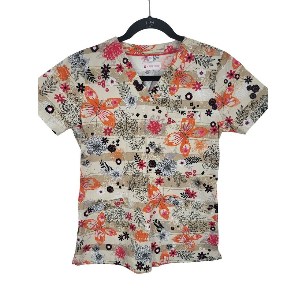 White Cross Medical Scrub Top XS Womens Tan Orange Butterfly Print Short Sleeve